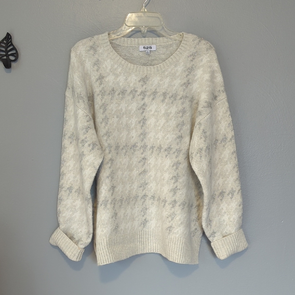 525 America Super Soft Crewneck Sweater Cream and Gray Metallic Houndstooth L
